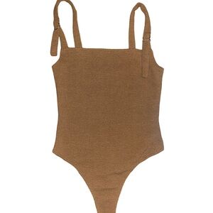Stella Laguna Beach Women’s Tan One-Piece Thong Swim Square Neck Bodysuit SZ S